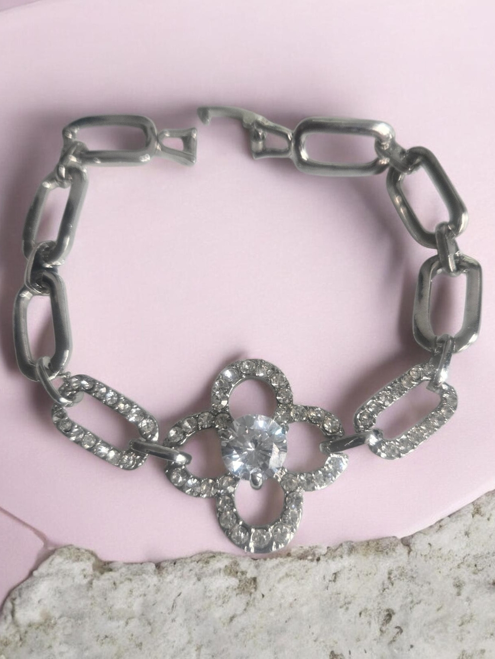 Silver Crystal Flower Link Bracelet